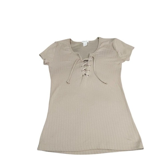 Rue21 Tops - Rue 21 Shirt Juniors XSmall Beige Lace Up Scoop Neck Ribbed Casual Blouse